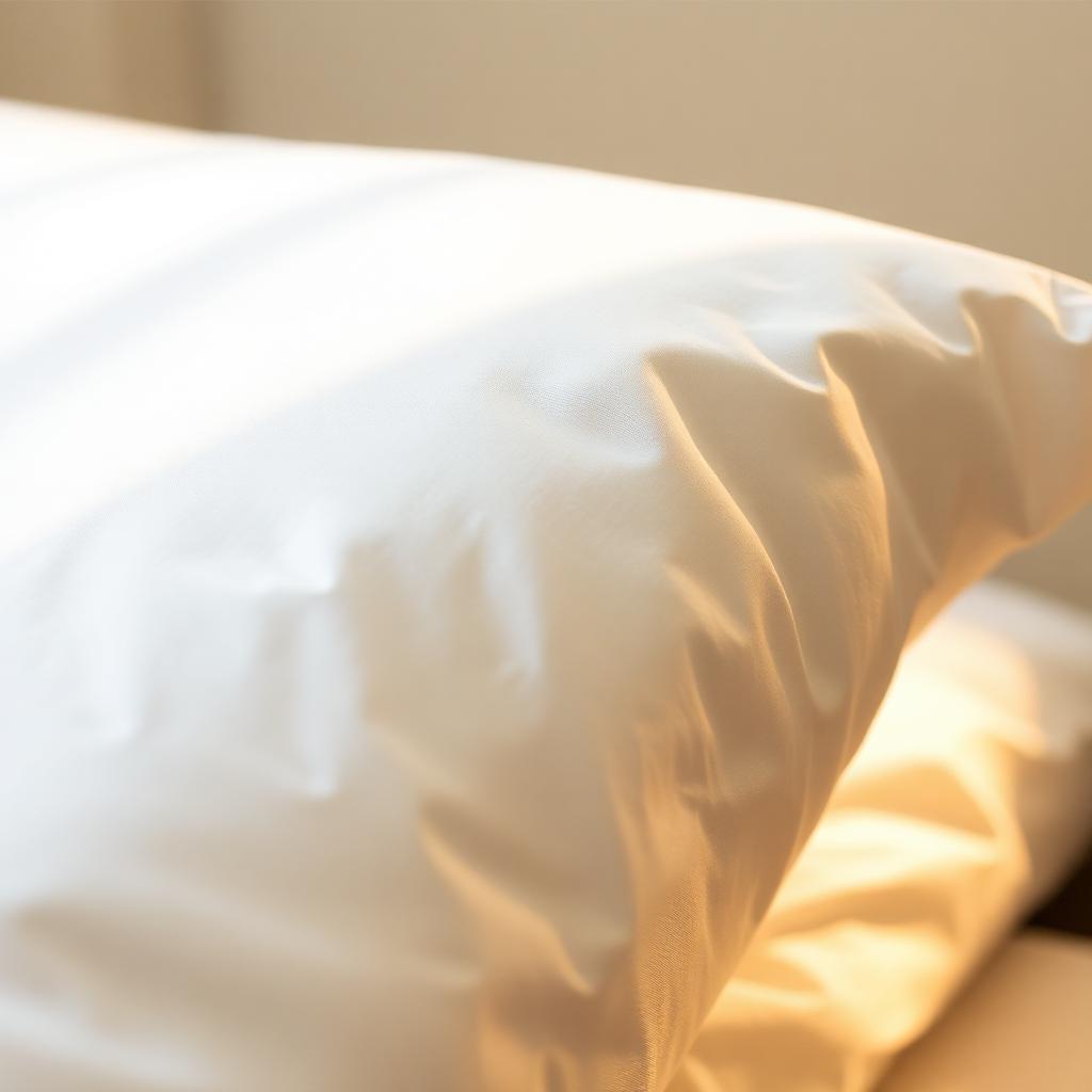 Close-up of a crisp white duck-down pillow with soft folds in warm light