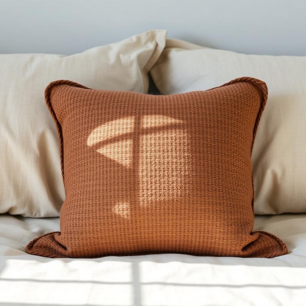 Textured wool pillow on neutral linen bedding with soft shadow